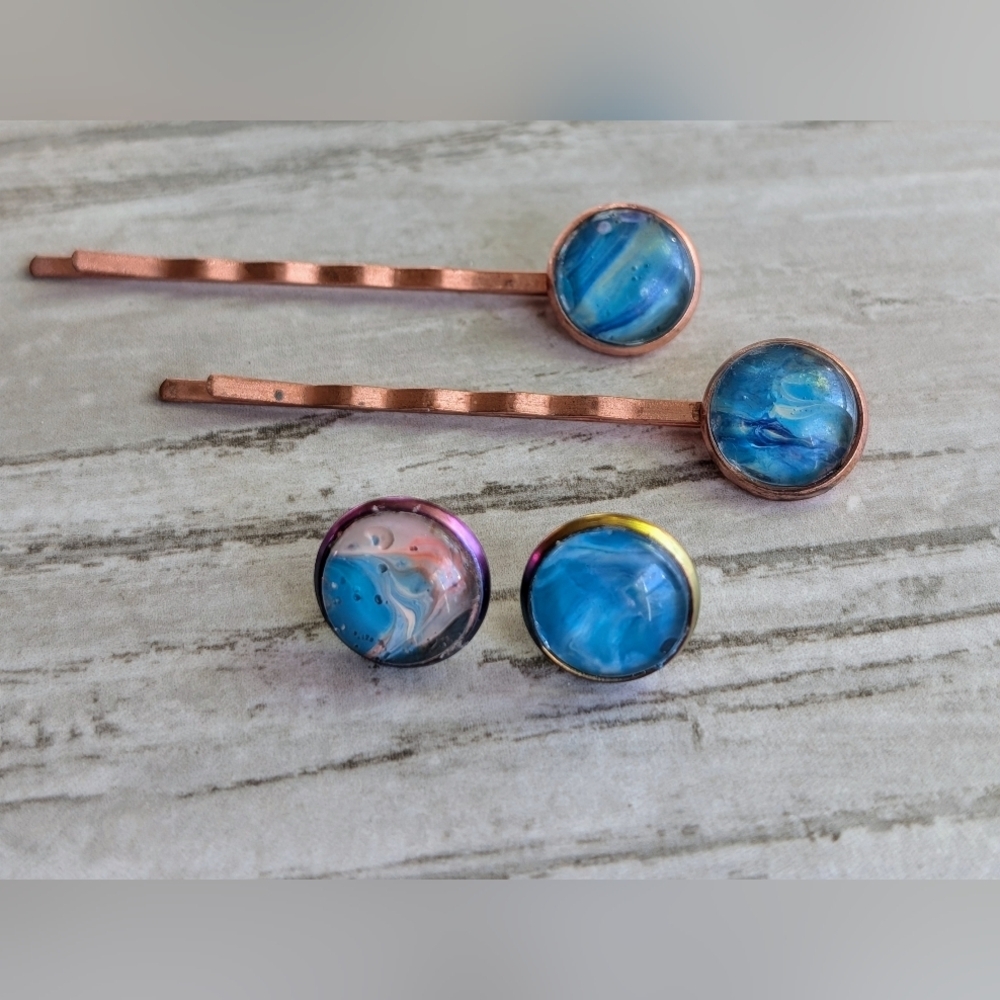Blue and Copper Hair Pins and Earrings Set